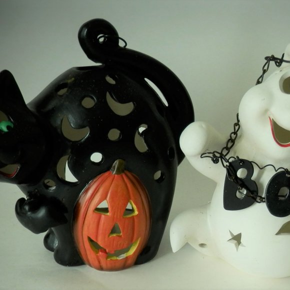 Set Of 2 Halloween Luminaries Luminary Ceramic Black Cat Ghost 2002 Original Box - Picture 2 of 6